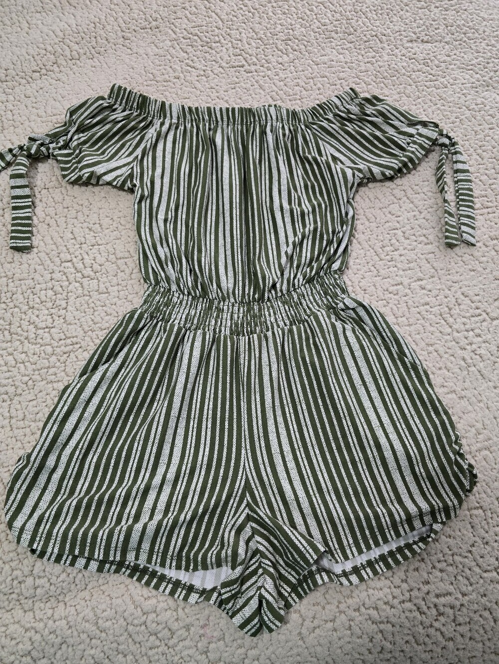 Off-Shoulder Green and White Striped Girls' Romper